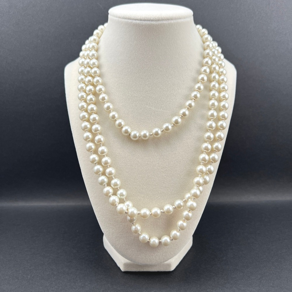 Faux Pearl Necklace Creamy White Hand Knotted 60" Opera Length